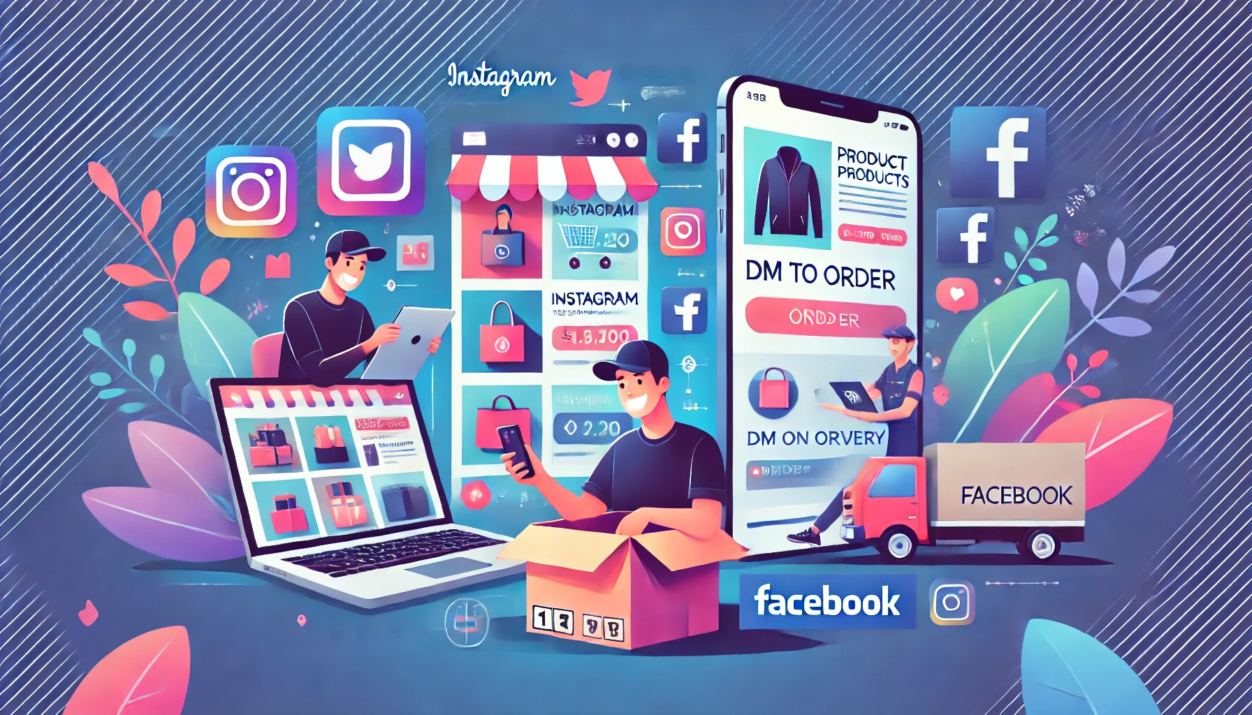 A vibrant and modern illustration showing the process of selling products on Instagram and Facebook. The image is divided into three panels:
1. **Left Panel:** A young entrepreneur using a laptop and smartphone to upload product photos on their social media page, with a background showing popular social media icons (Instagram, Facebook).
2. **Center Panel:** A customer browsing the seller’s Instagram page on a smartphone, showing product images, prices, and a 'DM to order' button.
3. **Right Panel:** A courier delivering a package to a smiling customer at their doorstep, with a cash-on-delivery payment exchange taking place.
The overall color scheme includes vibrant blues, pinks, and whites, representing a modern e-commerce experience through social media platforms.